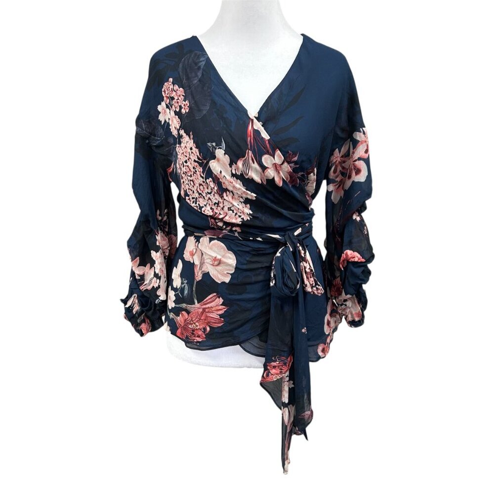 Zara Women Sheer Floral Feminine Ruched Sleeve Wrap Top Sz XS